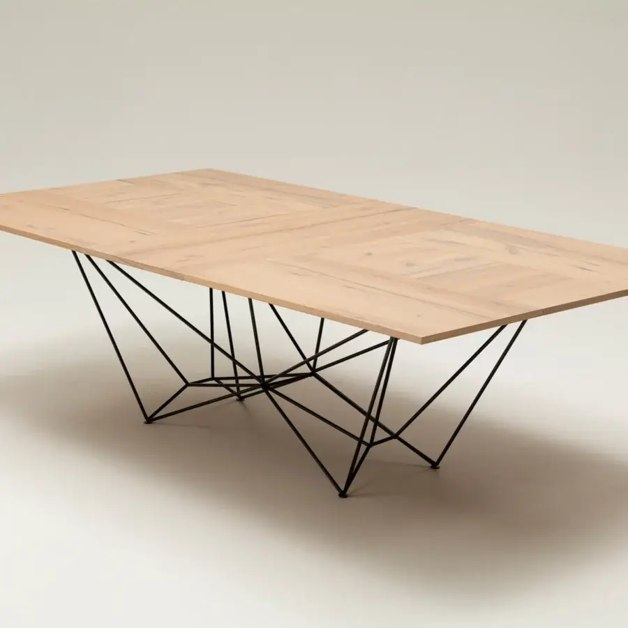 Superior Ozzio Italia Fil8 extendable table with a patterned light brown wooden top and black metal rod base