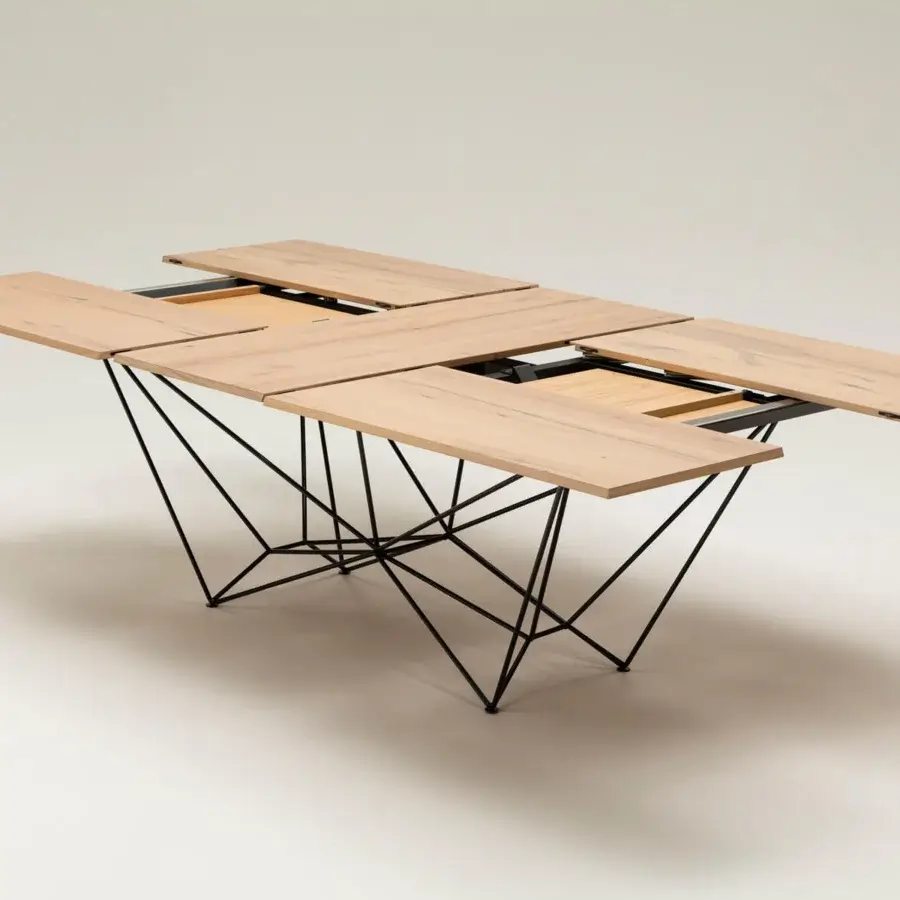 Elegant Ozzio Italia Fil8 extendable table with a light beige wooden top and striking black metal rods base