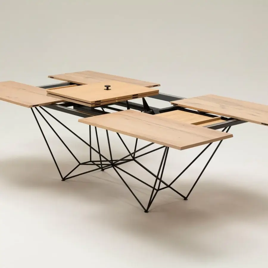 Distinguished Ozzio Italia Fil8 table with a light-toned wooden top and black metal rods base, built with sliding metal guides