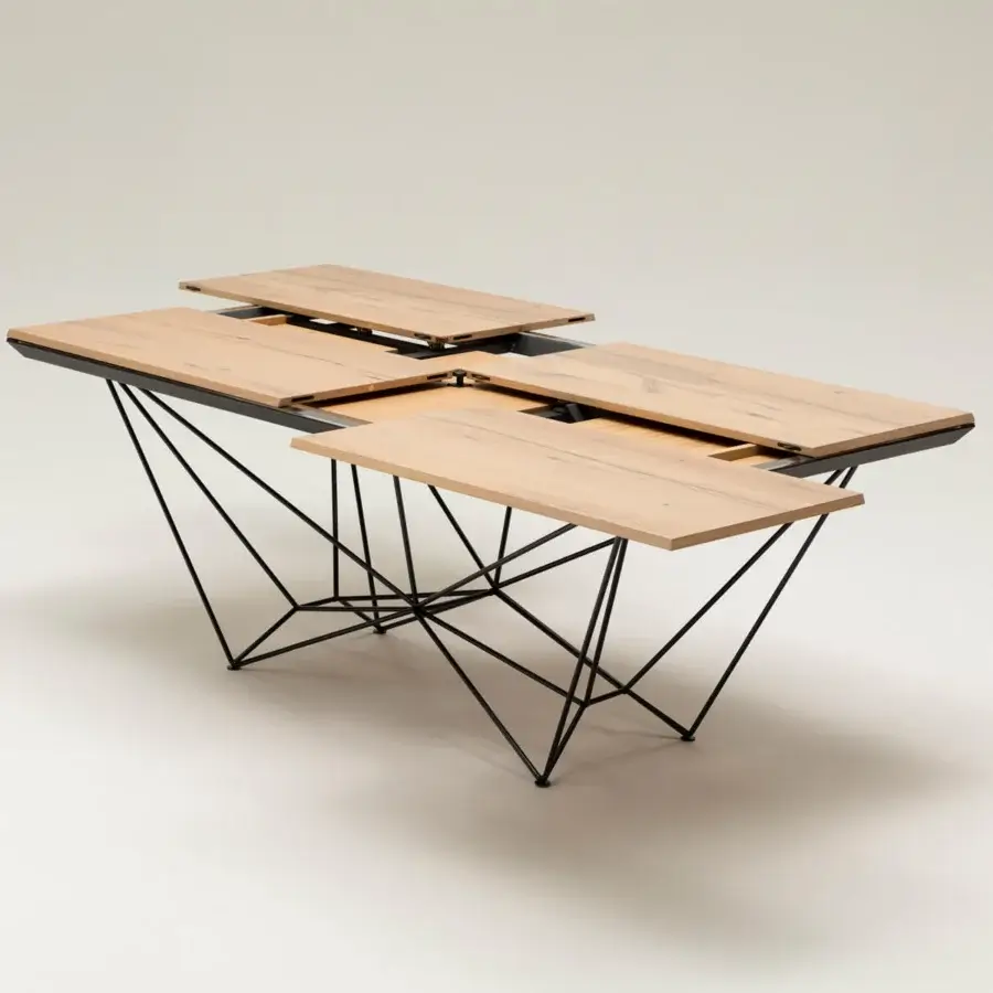 Superior Ozzio Italia Fil8 extendable table with a light-toned wooden top and sleek black metal base crafted in Italy