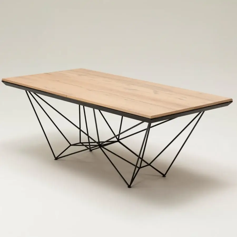 Captivating Ozzio Italia Fil8 extendable table with a light-toned wooden top and sleek black metal frame built with geometric rods