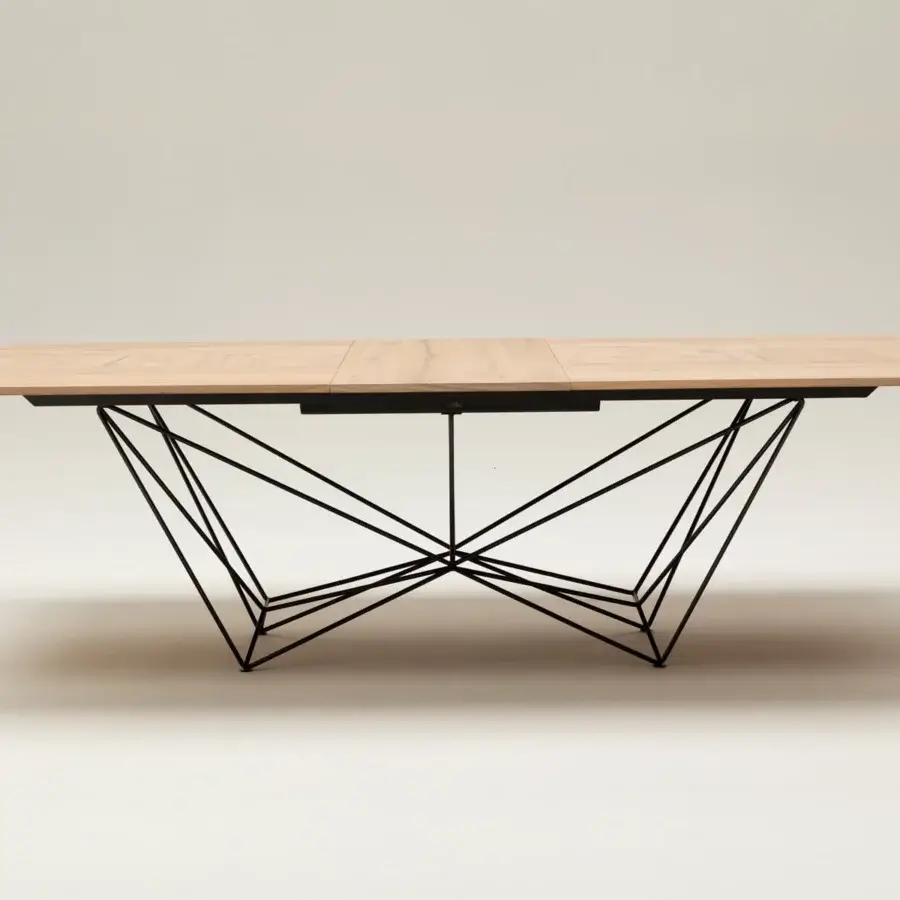 Exclusive Ozzio Italia Fil8 extendable table with a light-colored wooden top and geometric black metal base crafted with a matte finish