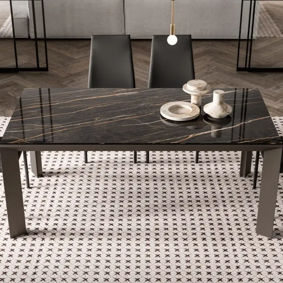 Elegant Ozzio Italia Metrò table with laminated ceramic glass displaying gold veinings and matte extruded aluminum legs
