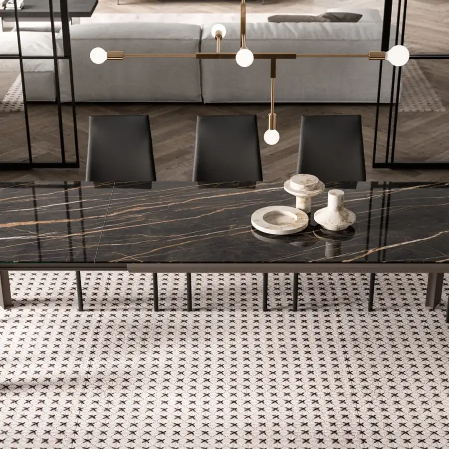 Exceptional Ozzio Italia Metrò table with laminated ceramic glass displaying warm gold veinings and taupe finished aluminum legs