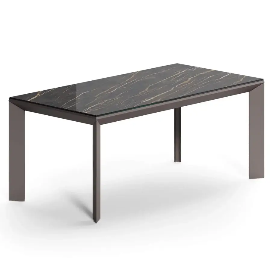 Distinguished Ozzio Italia Metrò table with laminated ceramic glass displaying warm gold veining and matte grey-brown extruded aluminum frame