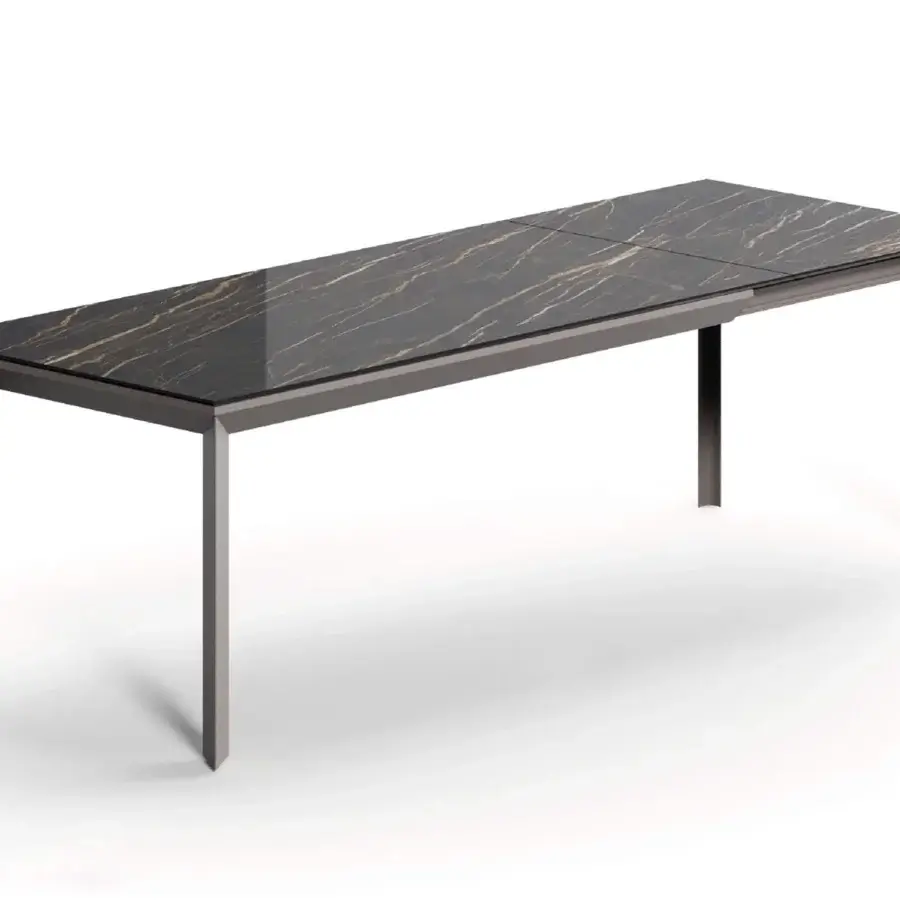Exceptional Ozzio Italia Metrò table with laminated ceramic glass displaying warm golden veinings and a glossy dark finish