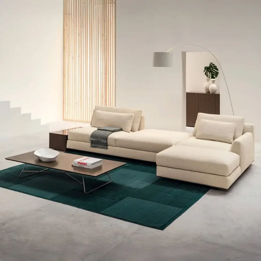 Elegant Horm Ellington sectional with light beige textured textile upholstery embodying minimalist tailoring crafted in Italy