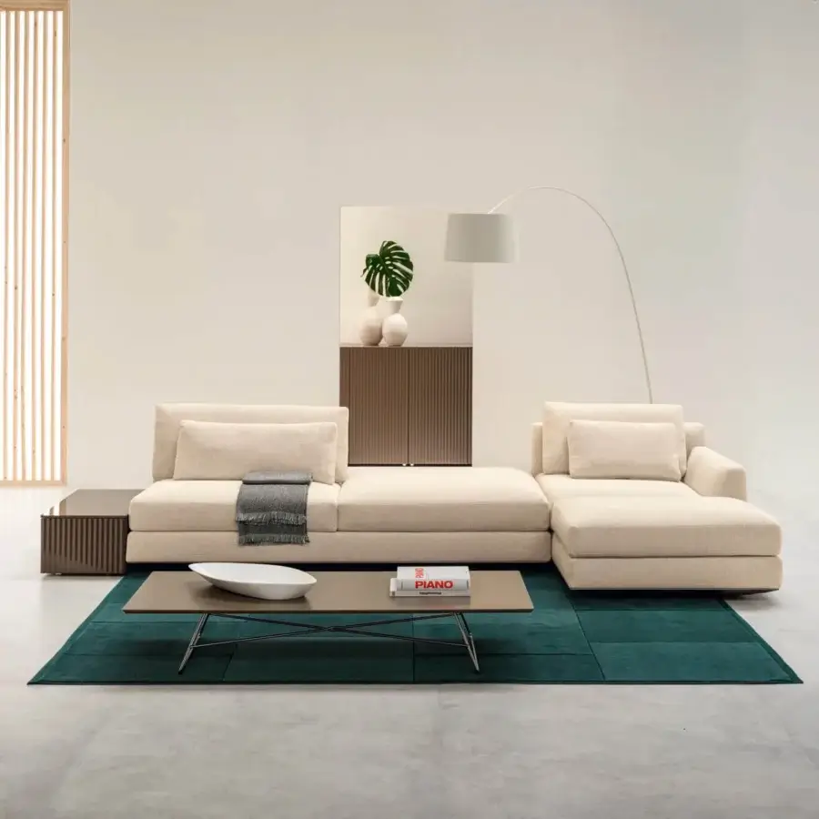Superior Horm Ellington sectional with light beige textile upholstery and durable aluminum frame crafted in Italy