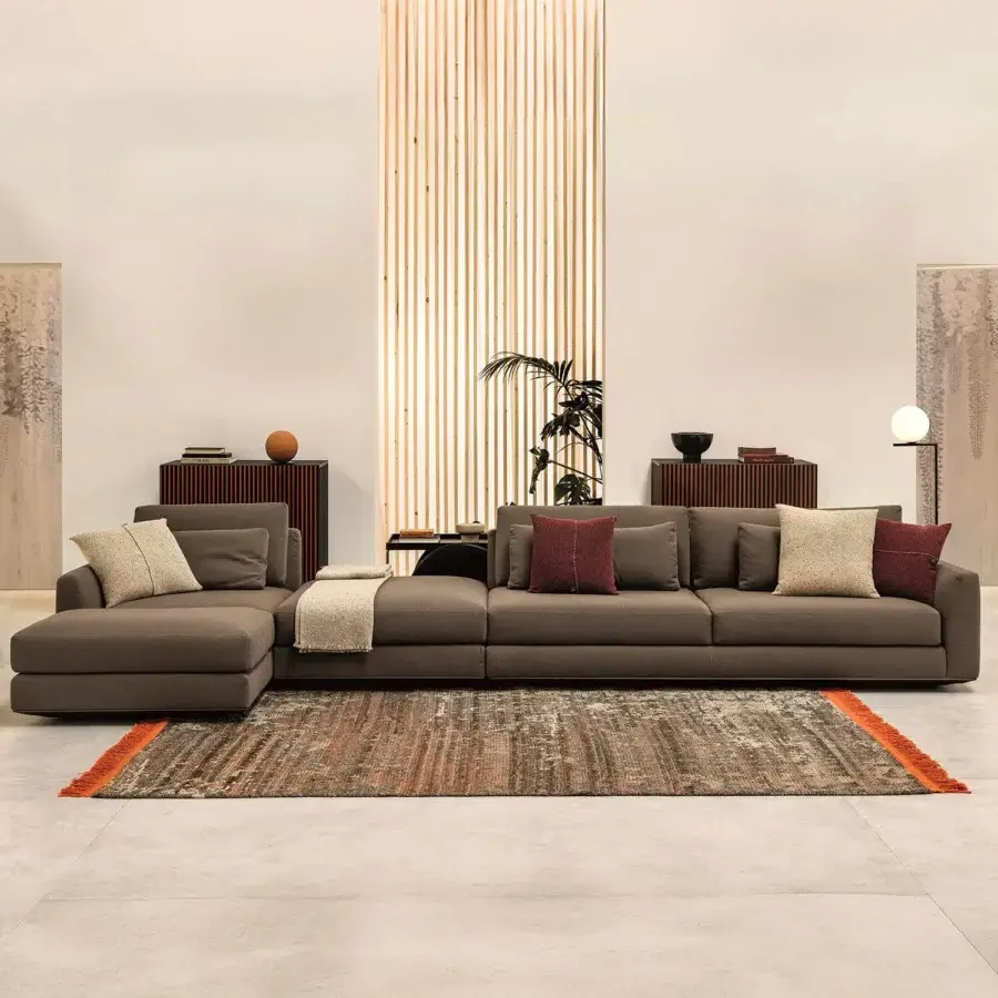 Distinguished Horm Ellington sectional with muted brown textile and ecological aluminum frame crafted in Italy