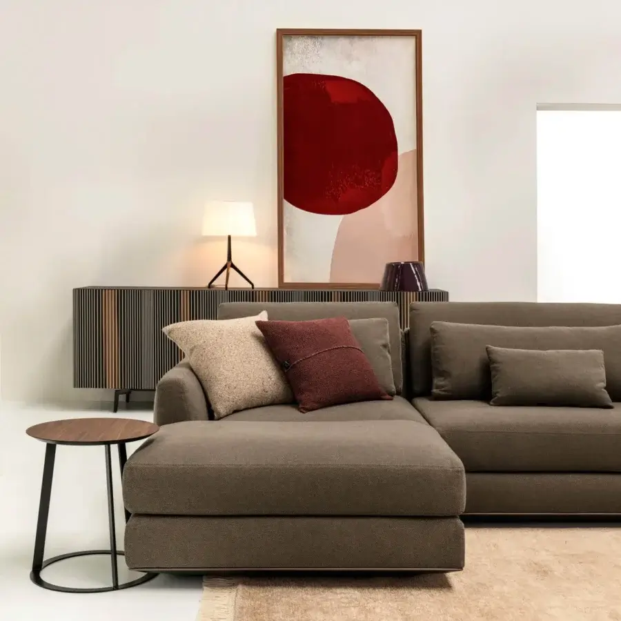 Distinguished Horm Ellington sectional with geometric silhouette crafted in muted brown textile and light aluminum frame
