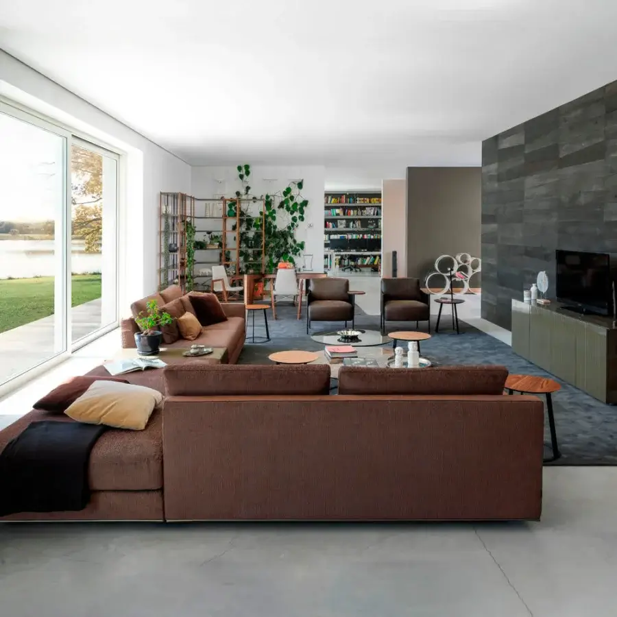 Exceptional Horm Ellington sectional with aluminum frame upholstered in medium-dark brown textile exhibiting a matte finish