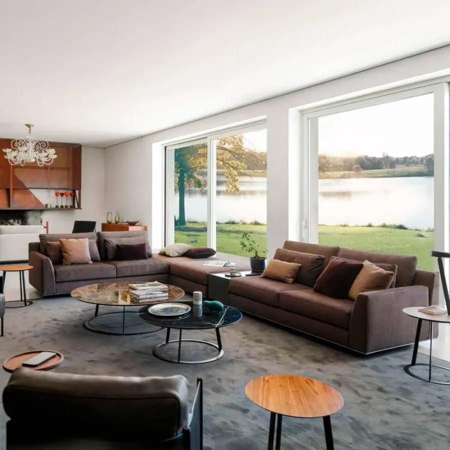 Distinguished Horm Ellington sectional with ecological aluminum frame upholstered in textured brown textile and varying brown pillows