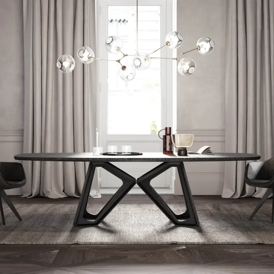 Superior Ozzio Italia Papillon table with a sinuous solid wood base and elongated oval tabletop in a dark finish