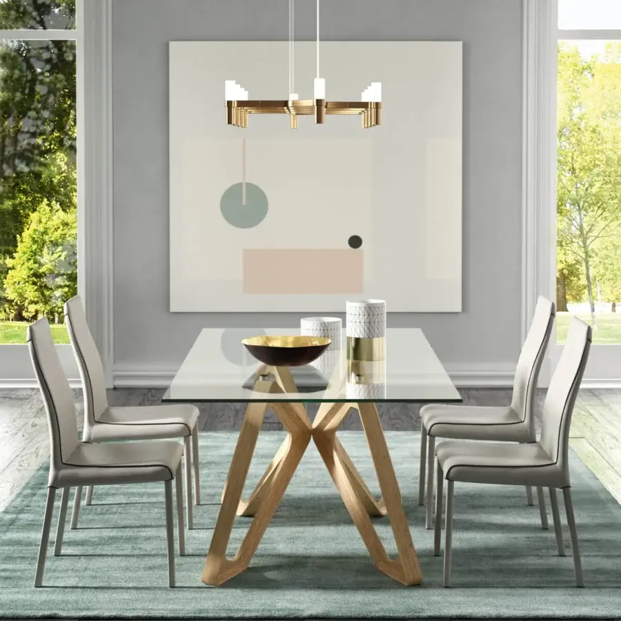 Distinguished Ozzio Italia Papillon table with a sinuous light wood base and transparent rectangular glass top crafted in Italy