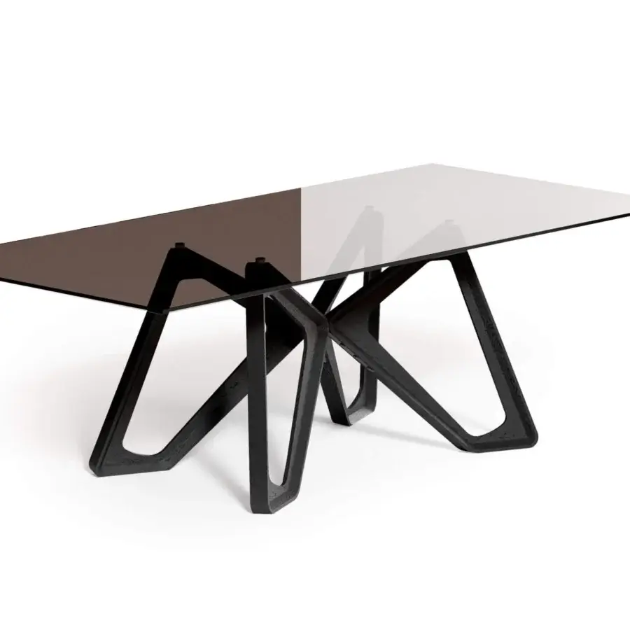 Superior Ozzio Italia Papillon table with dark tinted glass top and sculptural solid wood base crafted with a matte finish