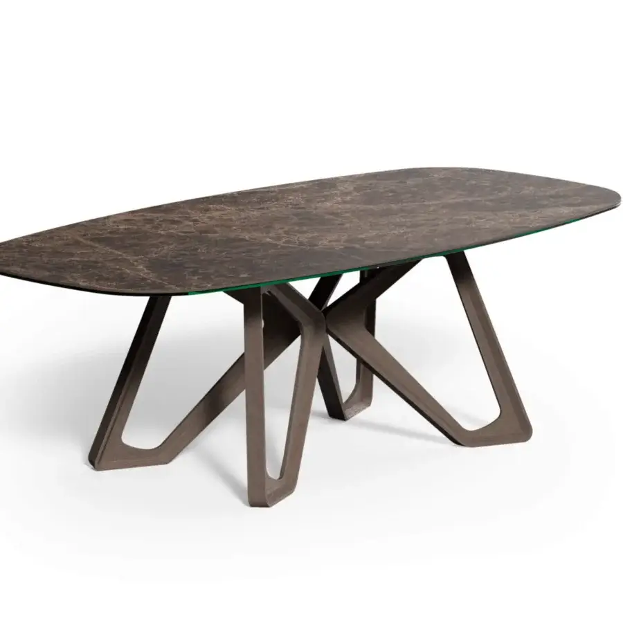 Distinguished Ozzio Italia Papillon table with sinuous solid wood base and brown marbled stone-like top