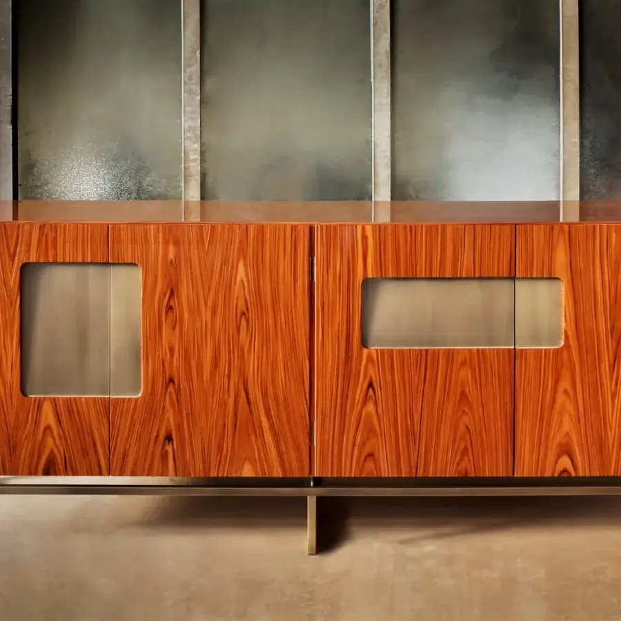 Exceptional Casa Casati Giorgio sideboard with reddish-brown wood, metallic panels and a glossy transparent lacquer finish