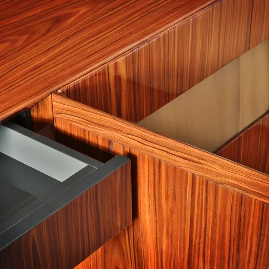 Luxury Casa Casati Giorgio sideboard with reddish-brown lacquer, dark gray drawer interiors and adjustable glass shelves