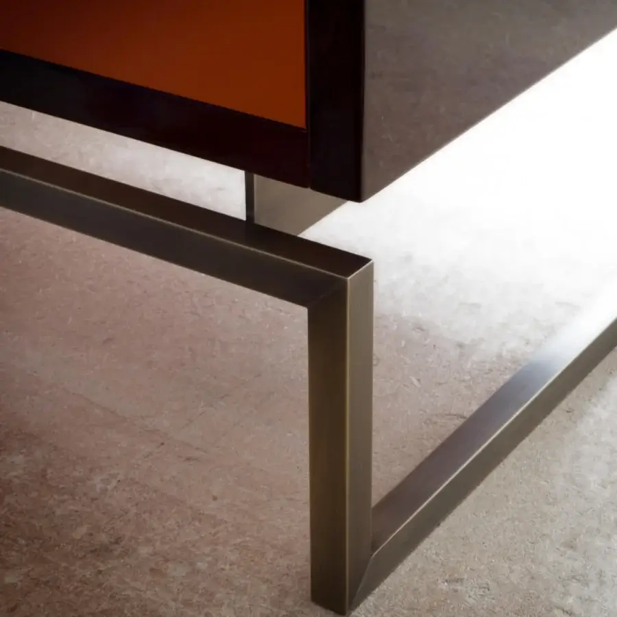 Superior Casa Casati Giorgio sideboard with glossy dark brown lacquer and a signature orange drawer built with a minimalist metal base