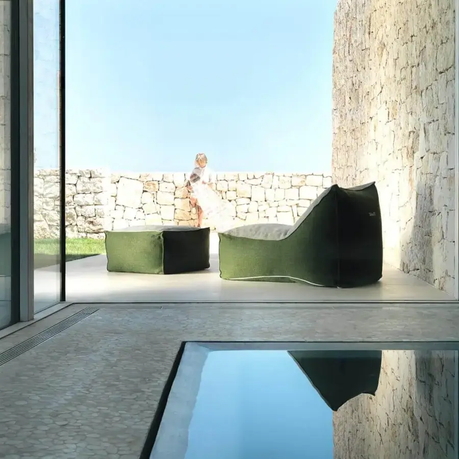 Distinguished Talenti Sacco ottoman with dark green breathable fabric and light grey top in a matte finish