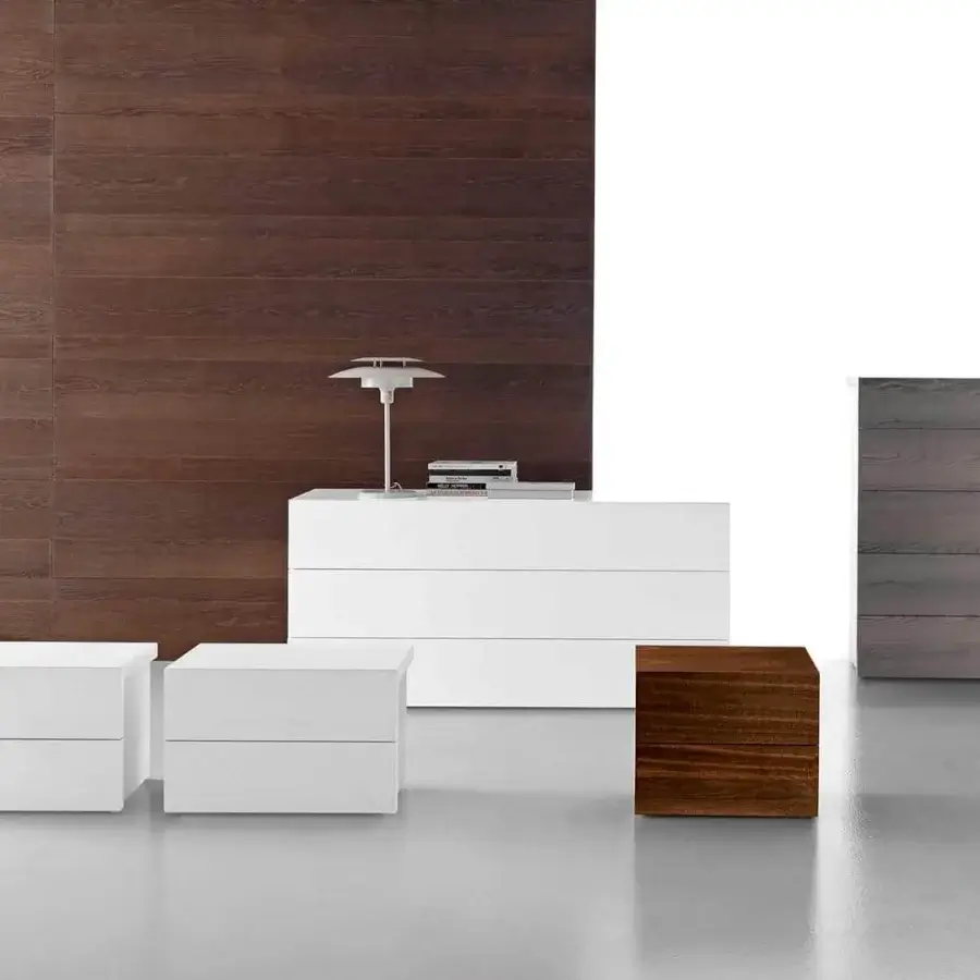 Elegant Presotto Elle nightstand in dark brown wood veneer with grip grooves and a 45° joint detail