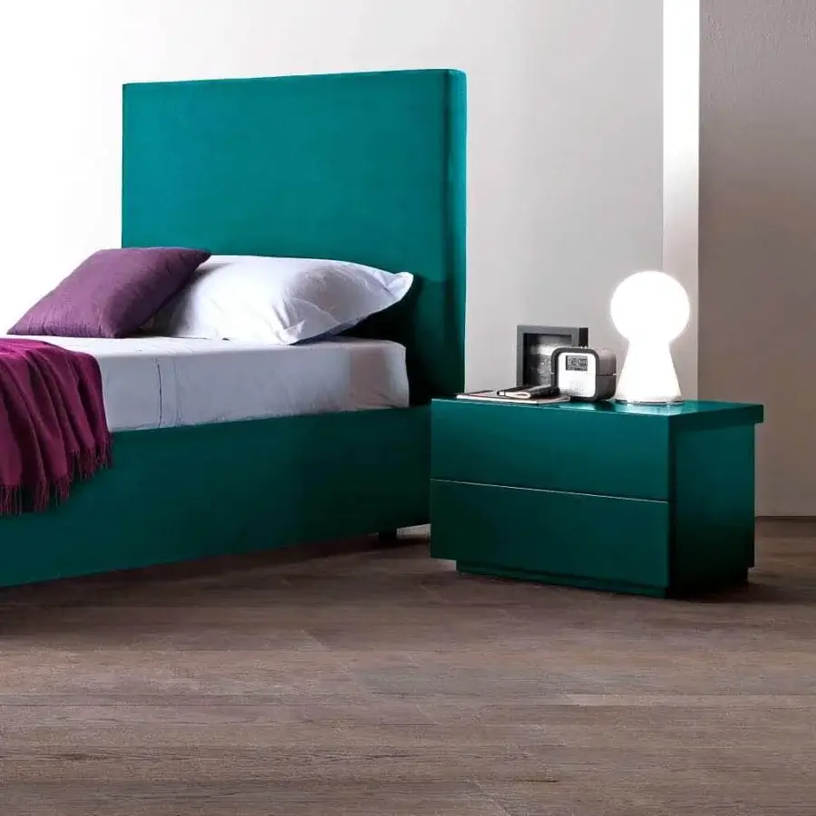 Distinguished Presotto Elle nightstand in glossy teal lacquer with grip grooves and meticulous 45° joint construction