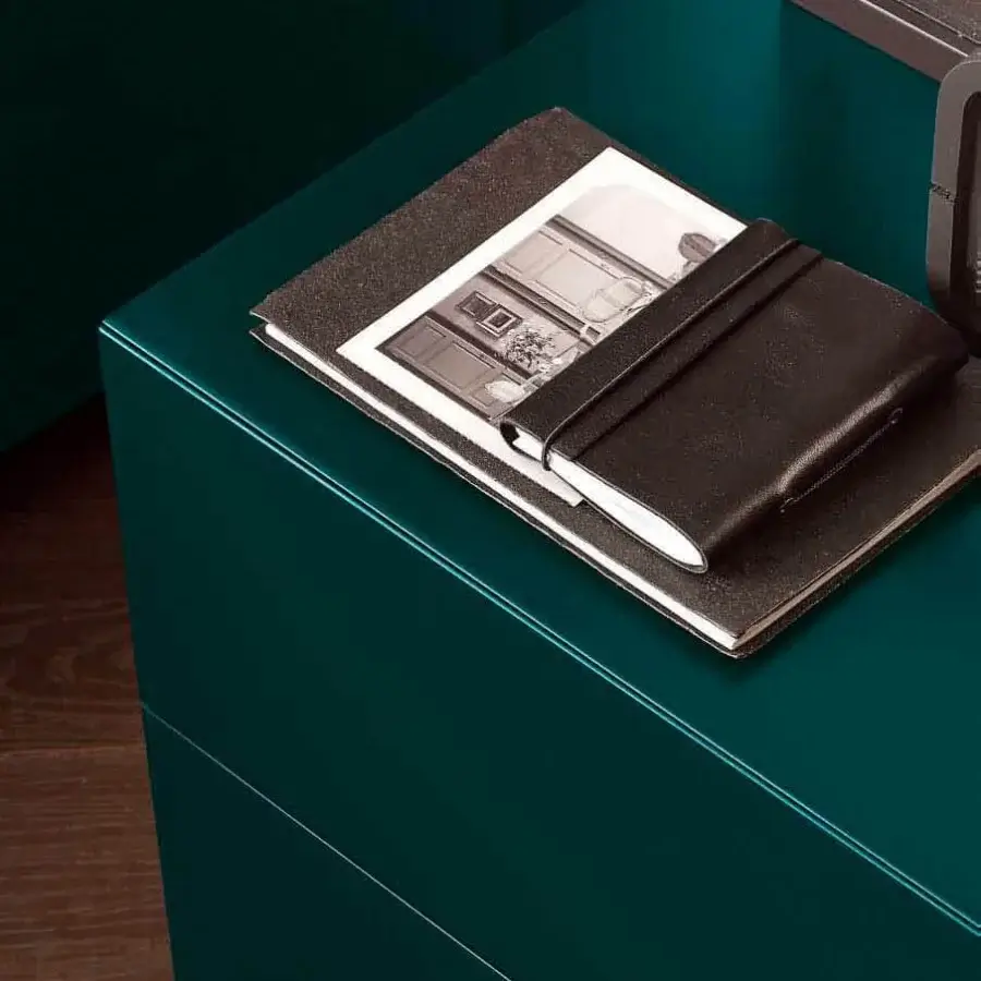 Exceptional Presotto Elle nightstand crafted in dark teal gloss lacquer with a multi-tiered drawer system and 45° joint detail