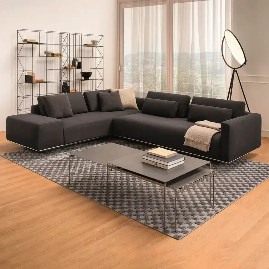 Distinctive Horm Billie sectional with dark gray textile upholstery and matte finish built with an aluminum frame