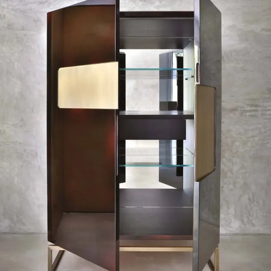 Exceptional Casa Casati Giorgio cupboard with dark glossy brown lacquer, golden handles and mirrored interior with LED lighting