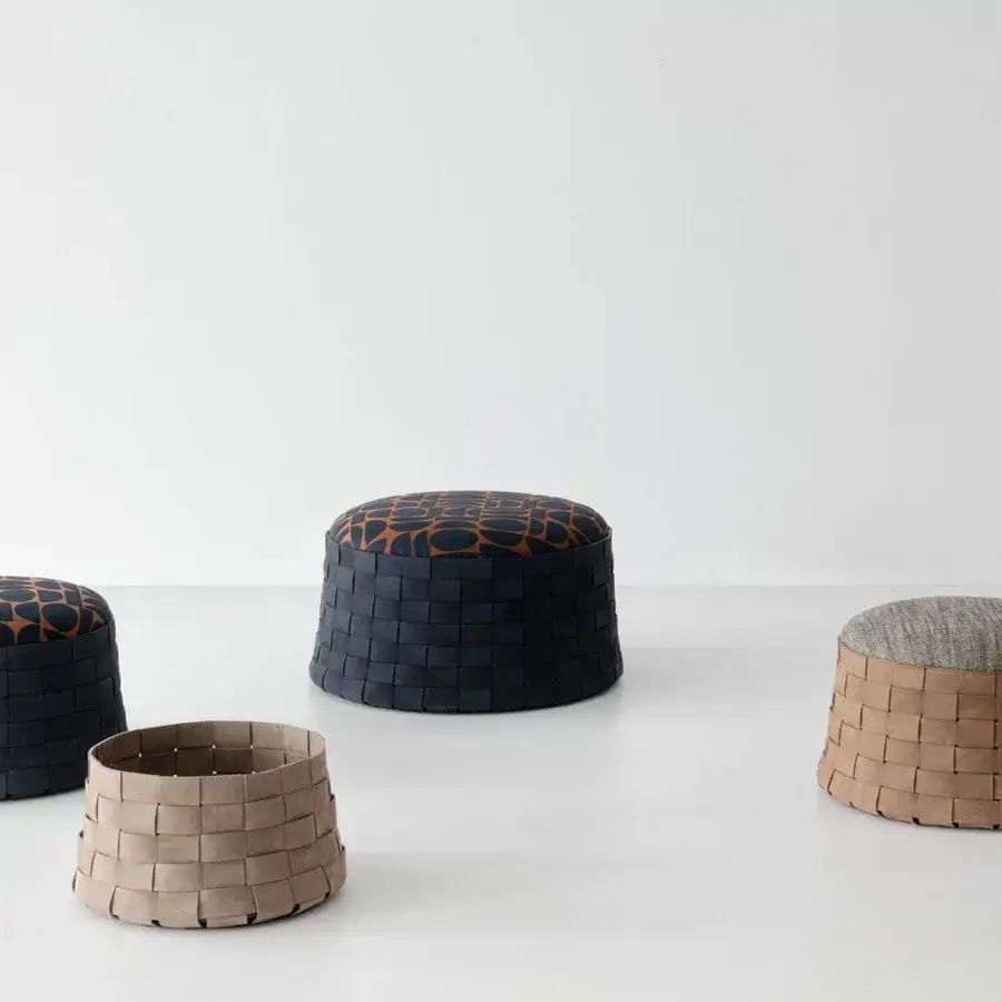 Captivating Cierre1972 Dama ottoman with woven-leather base and heathered grey textile top crafted in Italy