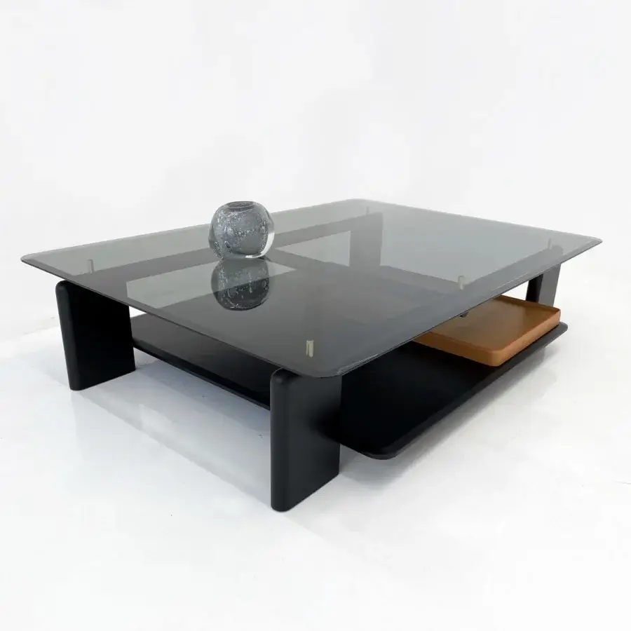 Harmonious Casa Casati Toro coffee table crafted with solid ash wood, a brown leather tray, and transparent tempered glass top