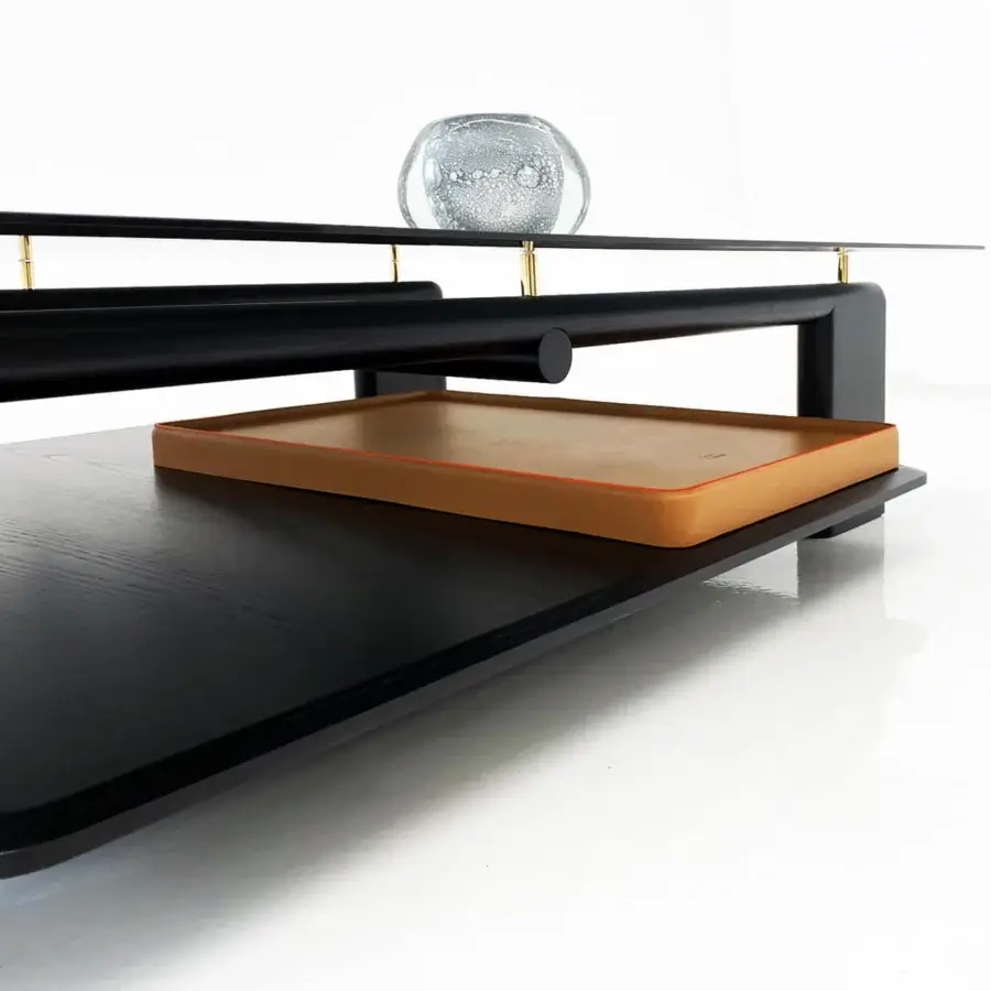 Distinguished Casa Casati Toro coffee table crafted with solid ash wood and tempered glass, including a leather tray detail