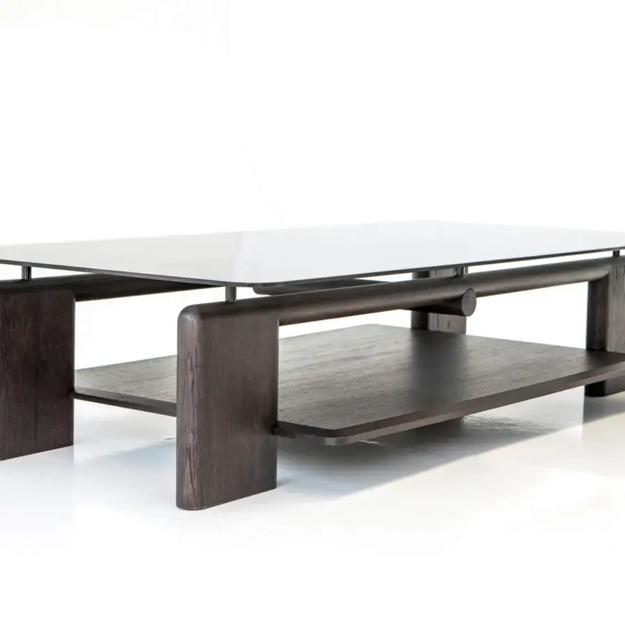 Distinguished Casa Casati Toro coffee table built with dark toned solid ash wood and transparent tempered glass top for contemporary style