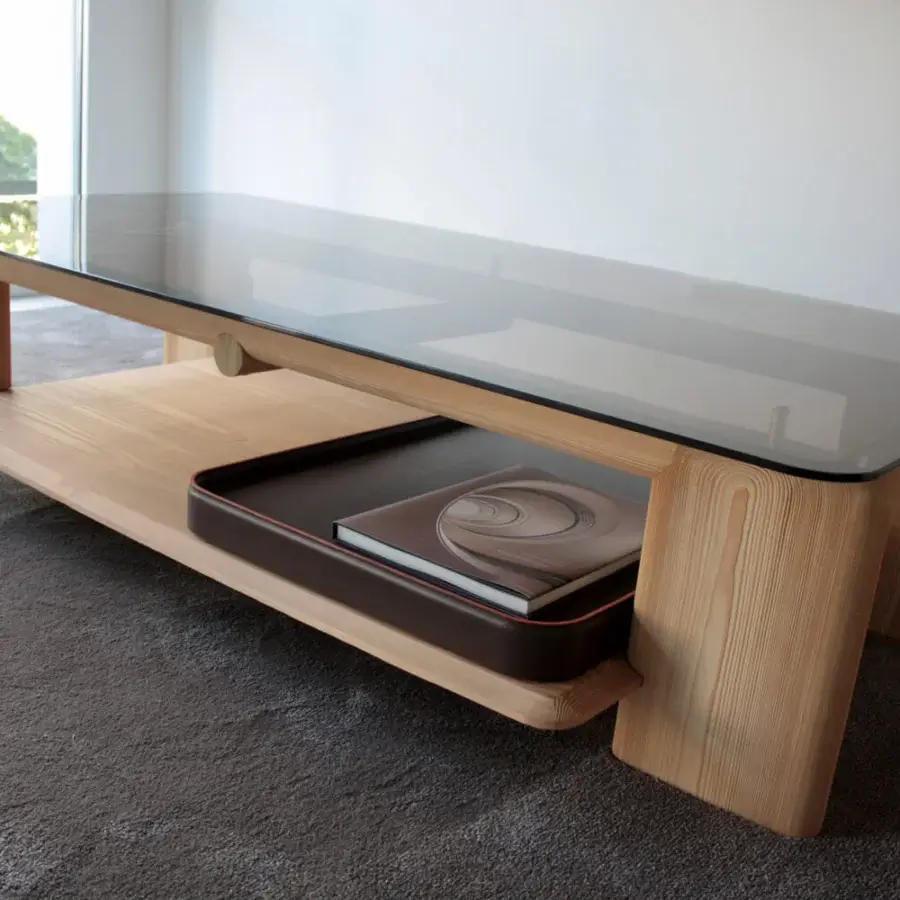 Elegant Casa Casati Toro coffee table with smoked tempered glass and light natural solid ash wood construction