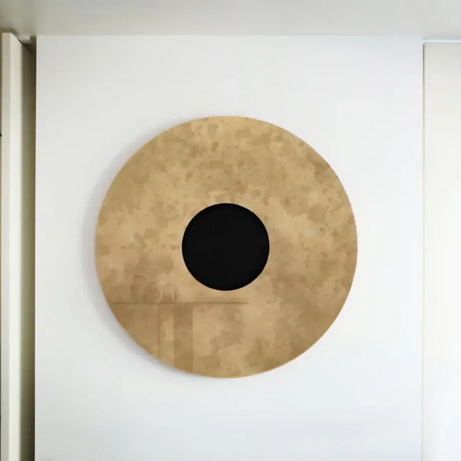 Distinguished Casa Casati Eclisse wall mirror crafted with a speckled light tan and brown antique mirror ring surrounding a central black mirror disc