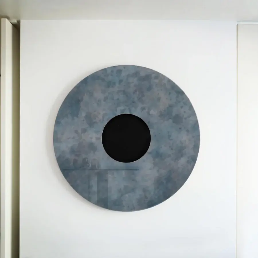 Captivating Casa Casati Eclisse wall mirror with a black center and mottled gray-blue ring crafted in lacquered MDF with a matt orange back panel