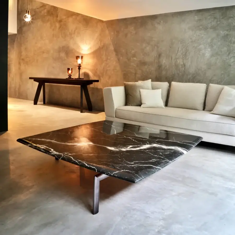 Exceptional Casa Casati Sasso coffee table with a glossy polyester lacquer marble top and asymmetrical matte metal base