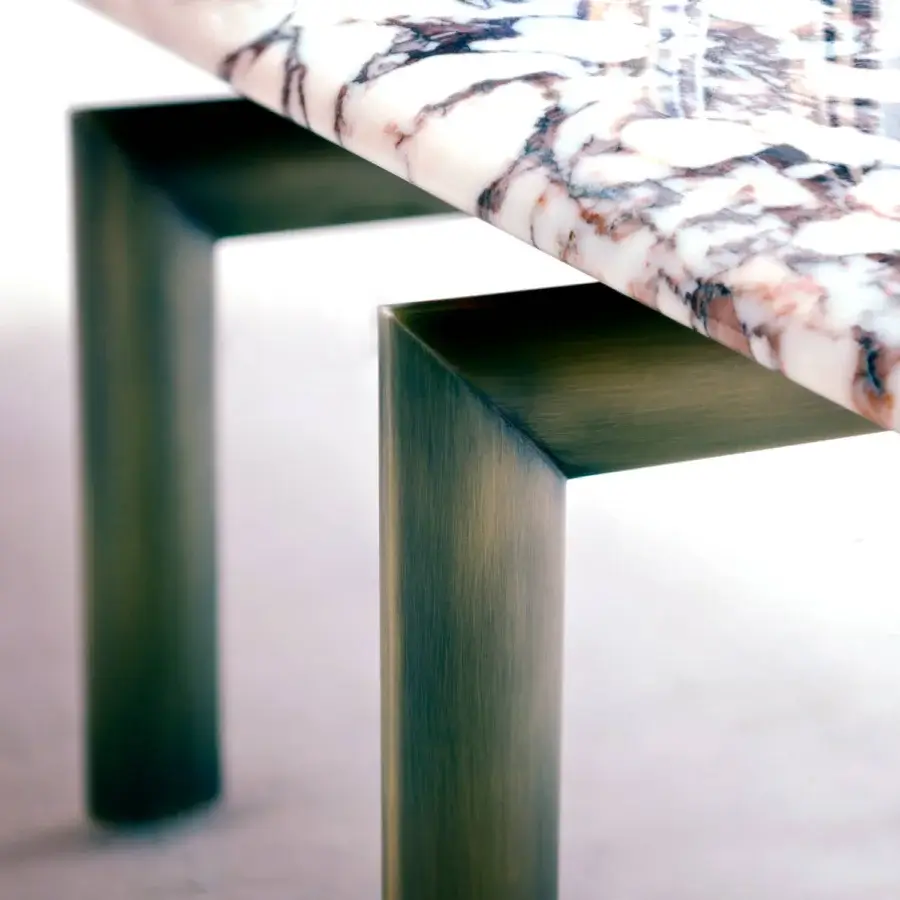 Elegant Casa Casati Sasso coffee table with brown and gray veined marble and a dark bronze metal base in polyester lacquer