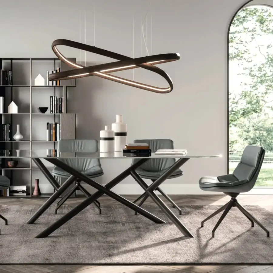 Distinguished Ozzio Italia Sally-Sveva chair with smooth medium gray leather upholstery and dark matte metal base