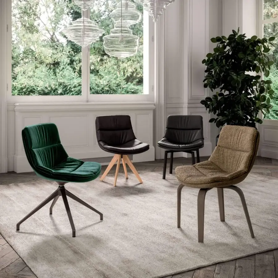 Exceptional Ozzio Italia Sally-Sveva chair with dark brown leather seat and light-toned wooden four-legged base crafted in Italy