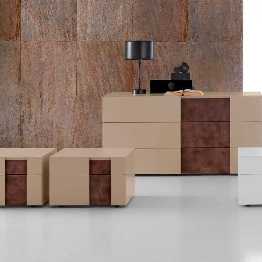 Distinguished Presotto Inside dresser in light beige with a contrasting darker brown vertical insert and smooth matt lacquer