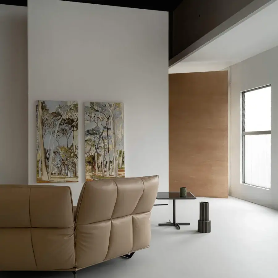 Superior Cierre1972 Simply sectional with light tan synthetic upholstery, geometric silhouette and sleek dark-toned metal legs