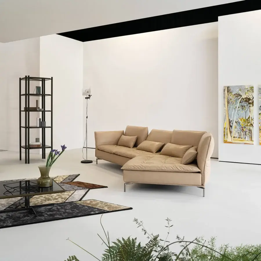 Superior Cierre1972 Simply sectional with light tan textile, quilted armrests and chrome metal legs