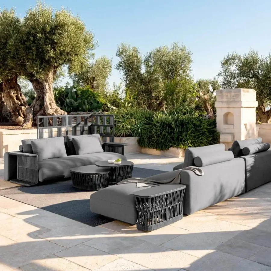 Sophisticated Talenti Cliff Déco sofa with woven nautical rope armrests and weather-resistant fabric in a modern gray tone