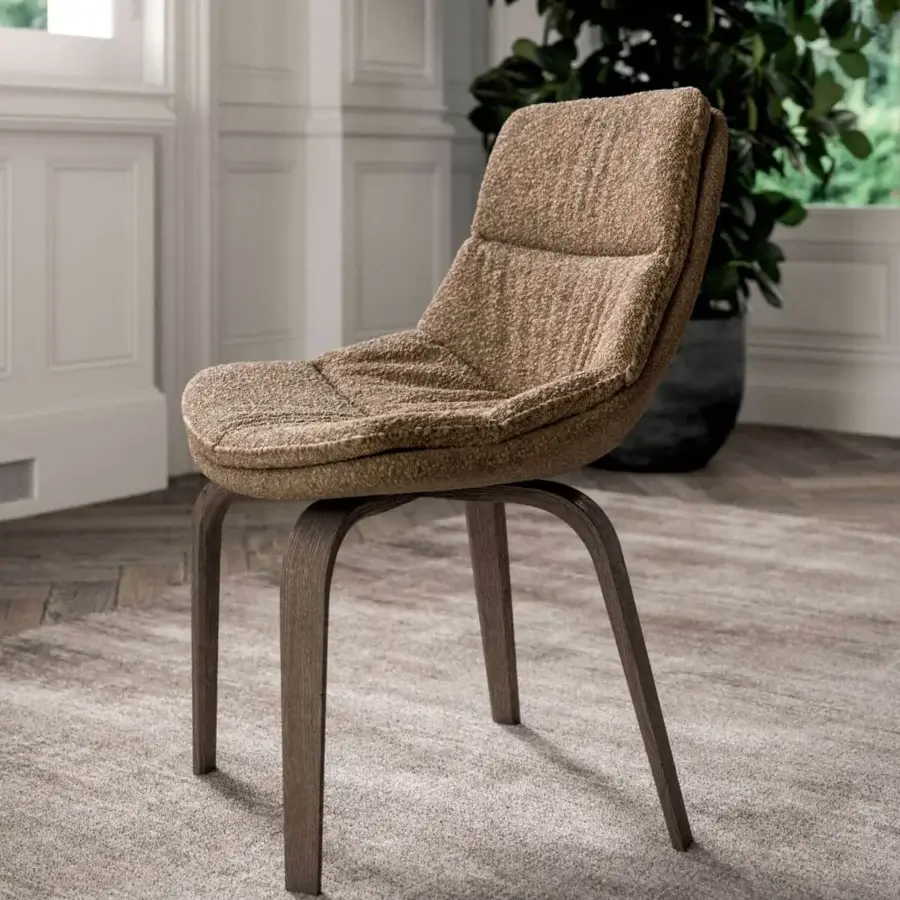 Exceptional Ozzio Italia Selena - Siria chair with light brown textured textile upholstery and angled medium brown wooden legs
