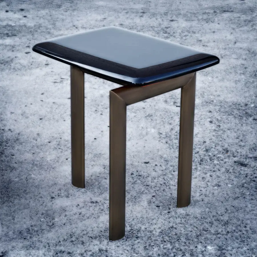 Elegant Casa Casati Sasso side table with glossy black lacquered wood and bronze-like metal supporting structure