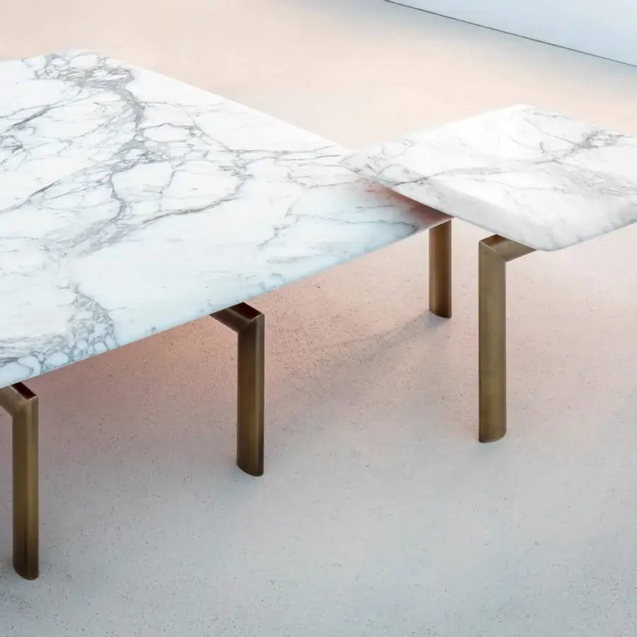 Distinguished Casa Casati Sasso side table with grey veined white marble top and matte bronze metal base crafted in polyester lacquer
