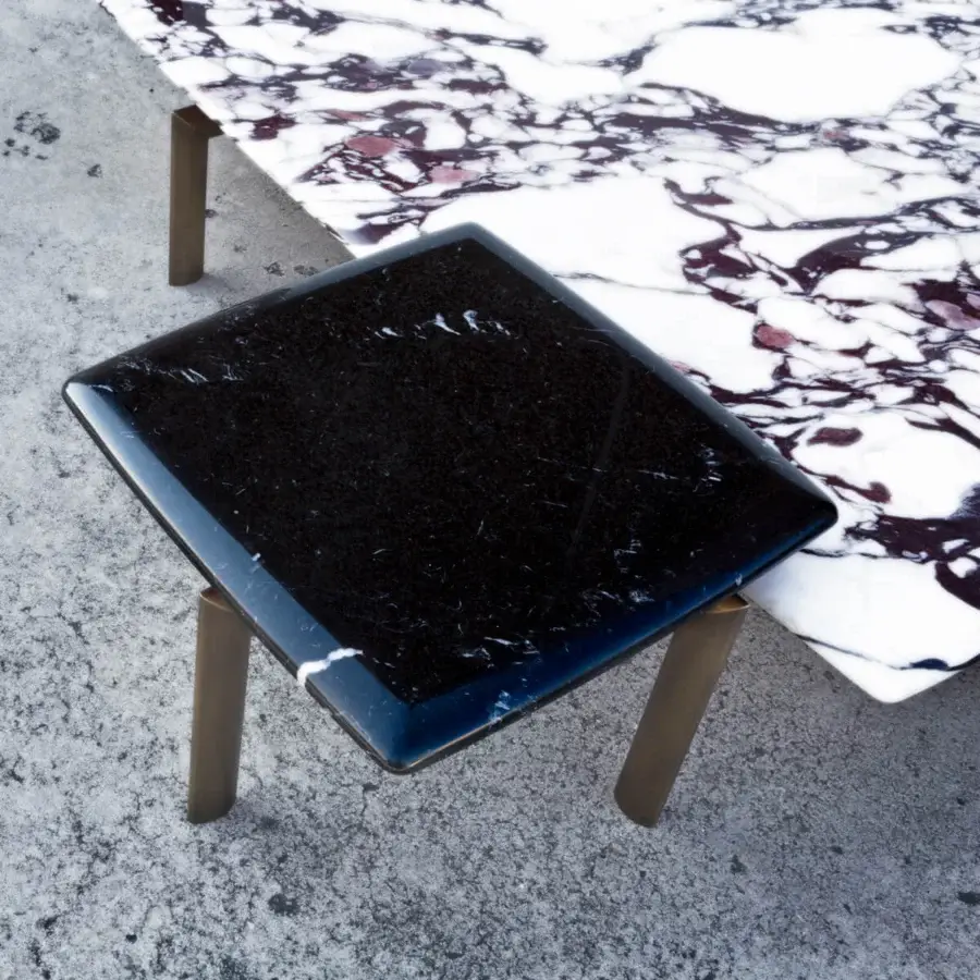 Exceptional Casa Casati Sasso side table with dark marble top and glossy polyester lacquer finish, built with a matte bronze-like metal base