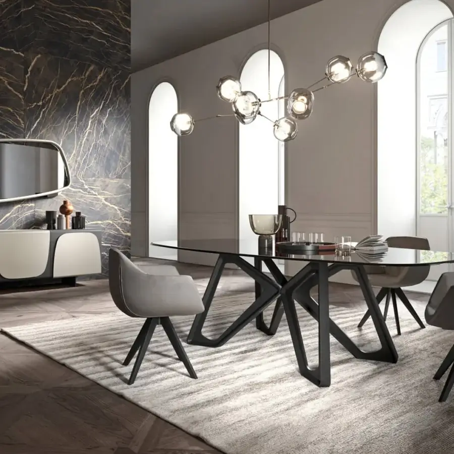 Superior Ozzio Italia Delia - Halia armchair with matte gray textile upholstery and dark finished three-legged base