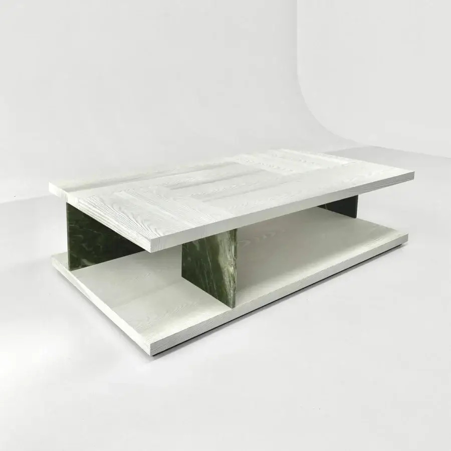 Superior Casa Casati Barcelona coffee table crafted with wood and dark green marble supports in matte and glossy finishes
